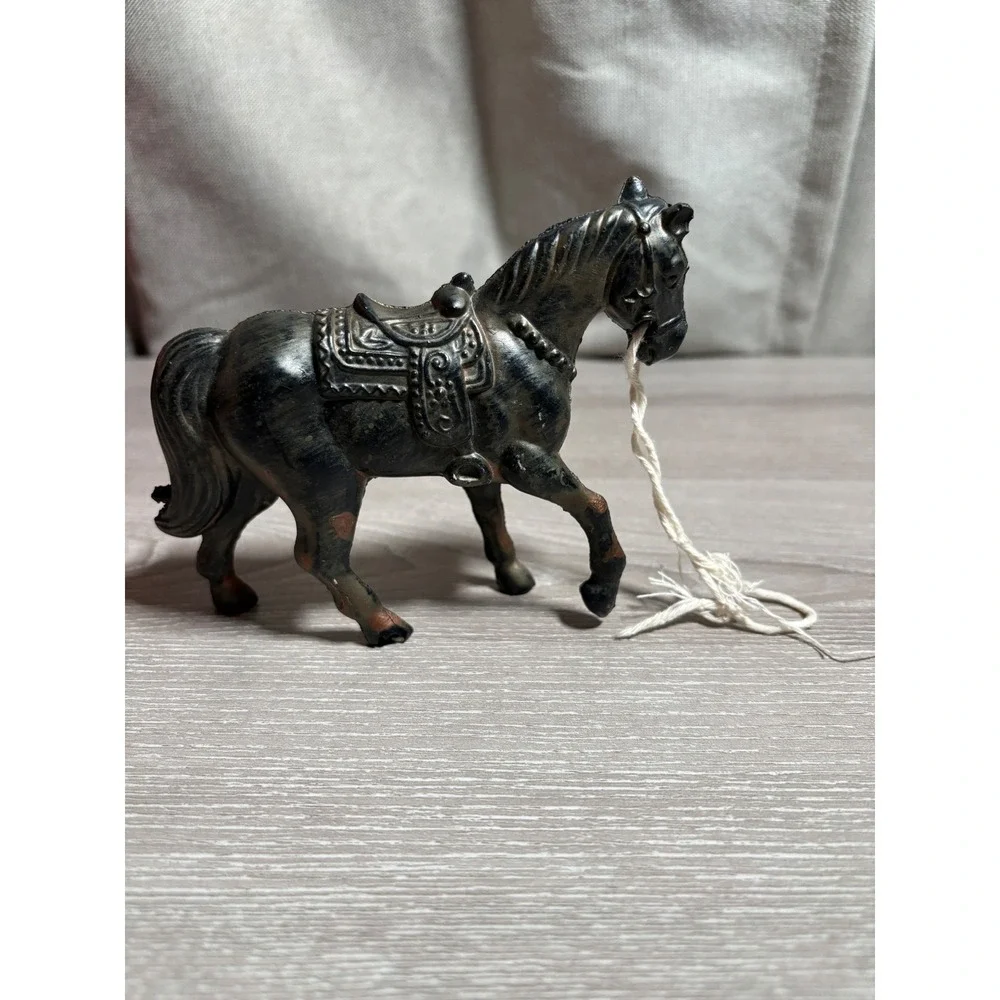 Vintage Hong Kong‎ Plastic Horse Figurine Black Copper Western Saddle Lead Rope